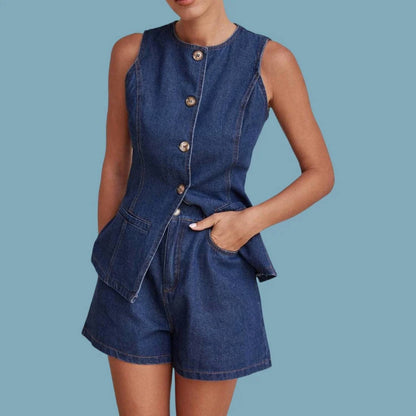 Soleil Buttoned Denim Vest And Shorts Set
