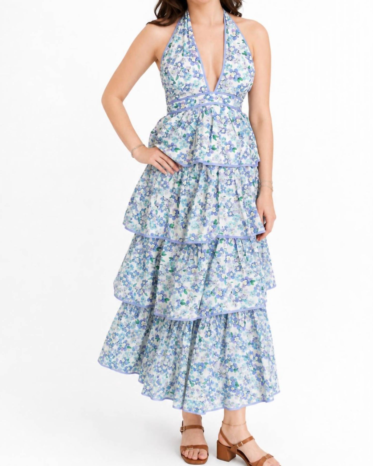 FLORAL HALTER NECK TIERED MIDI DRESS
