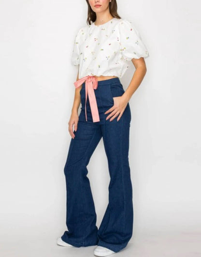 Embroidery Top With Bow Detail