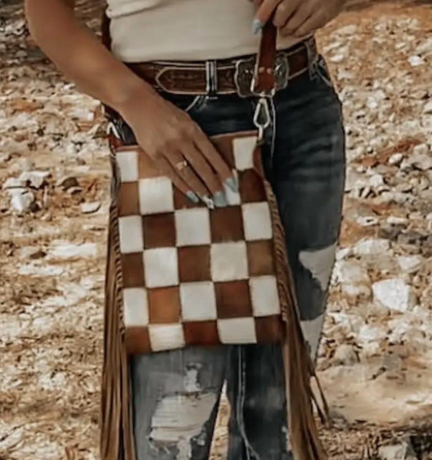 Stockdale Checkered Cowhide Fringe Purse