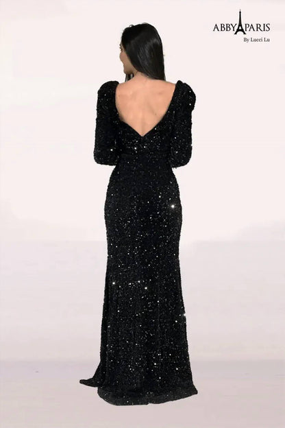 Women's Sequin Feather Long Sleeve Gown