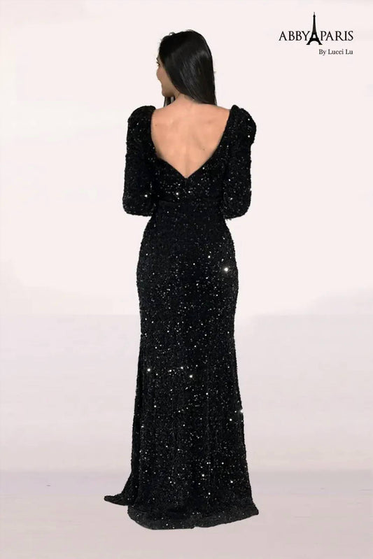 Women's Sequin Feather Long Sleeve Gown