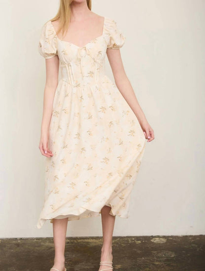 Floral Sweetheart Puff Sleeve Corset Midi Dress