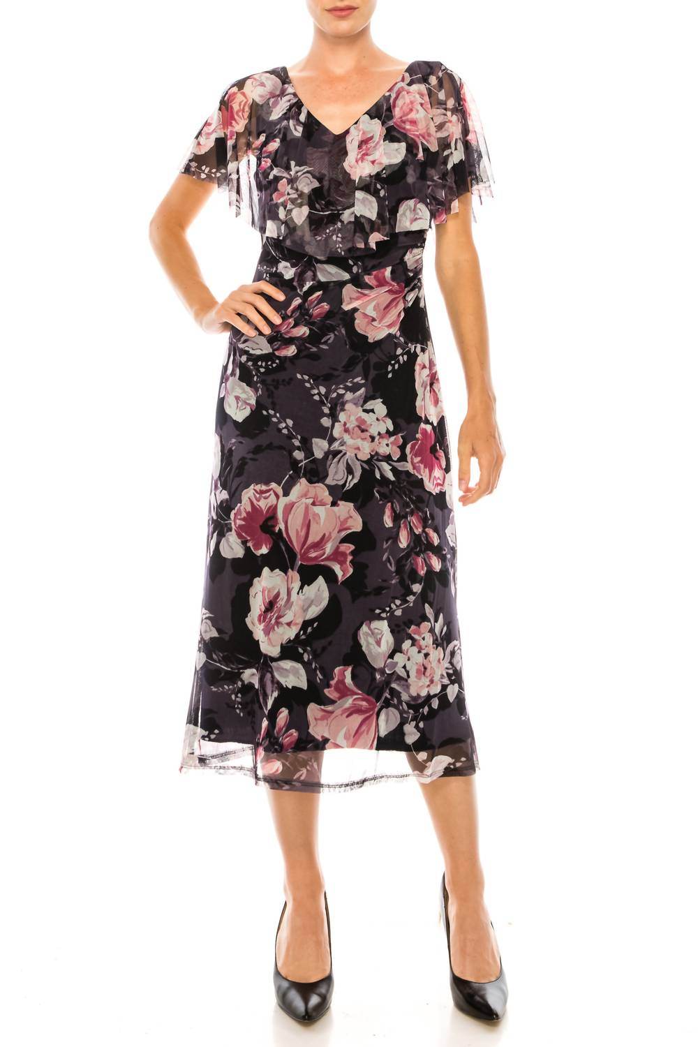 Connected Apparel - Floral Print Cape Midi Dress - Rack Hunt