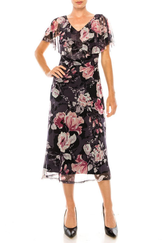 Connected Apparel - Floral Print Cape Midi Dress - Rack Hunt