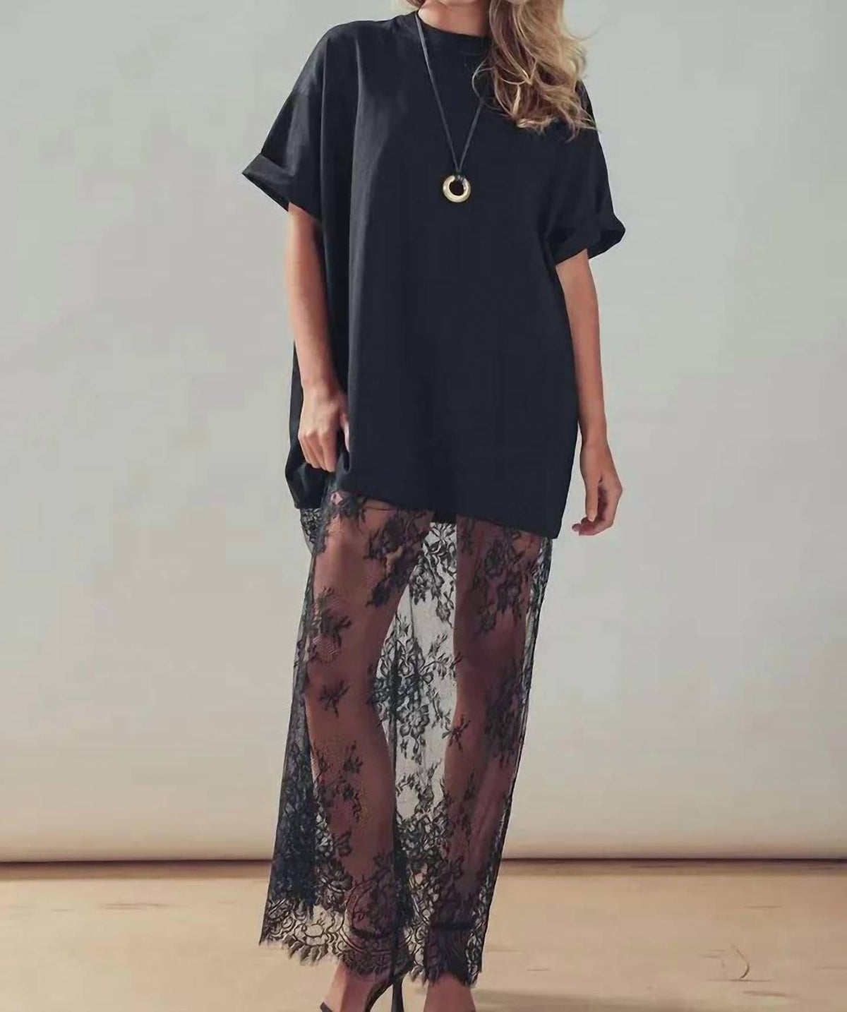 Mixed Media T-shirt Dress With Sheer Lace Skirt