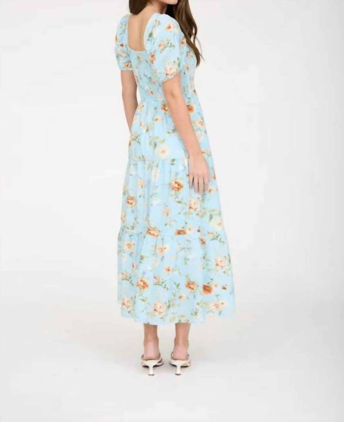 Floral Smocked Puff Sleeve A-line Midi Dress