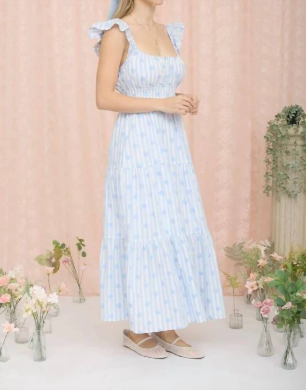 Stripe Floral Flounce Strap Tiered Midi Dress
