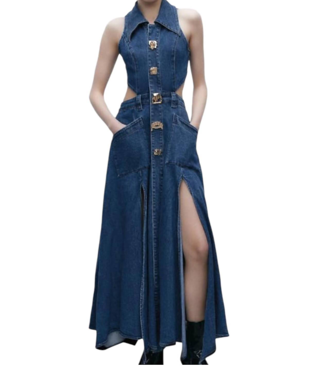 Cut Out Stretchy Sleeveless Maxi Denim Dress With Artistic Buttons