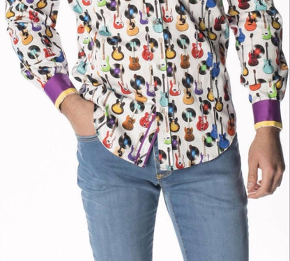 Guitars And Records Button Down Print Shirt