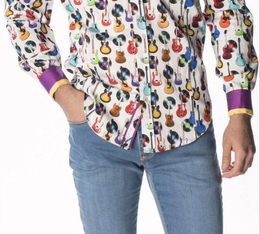 Guitars And Records Button Down Print Shirt