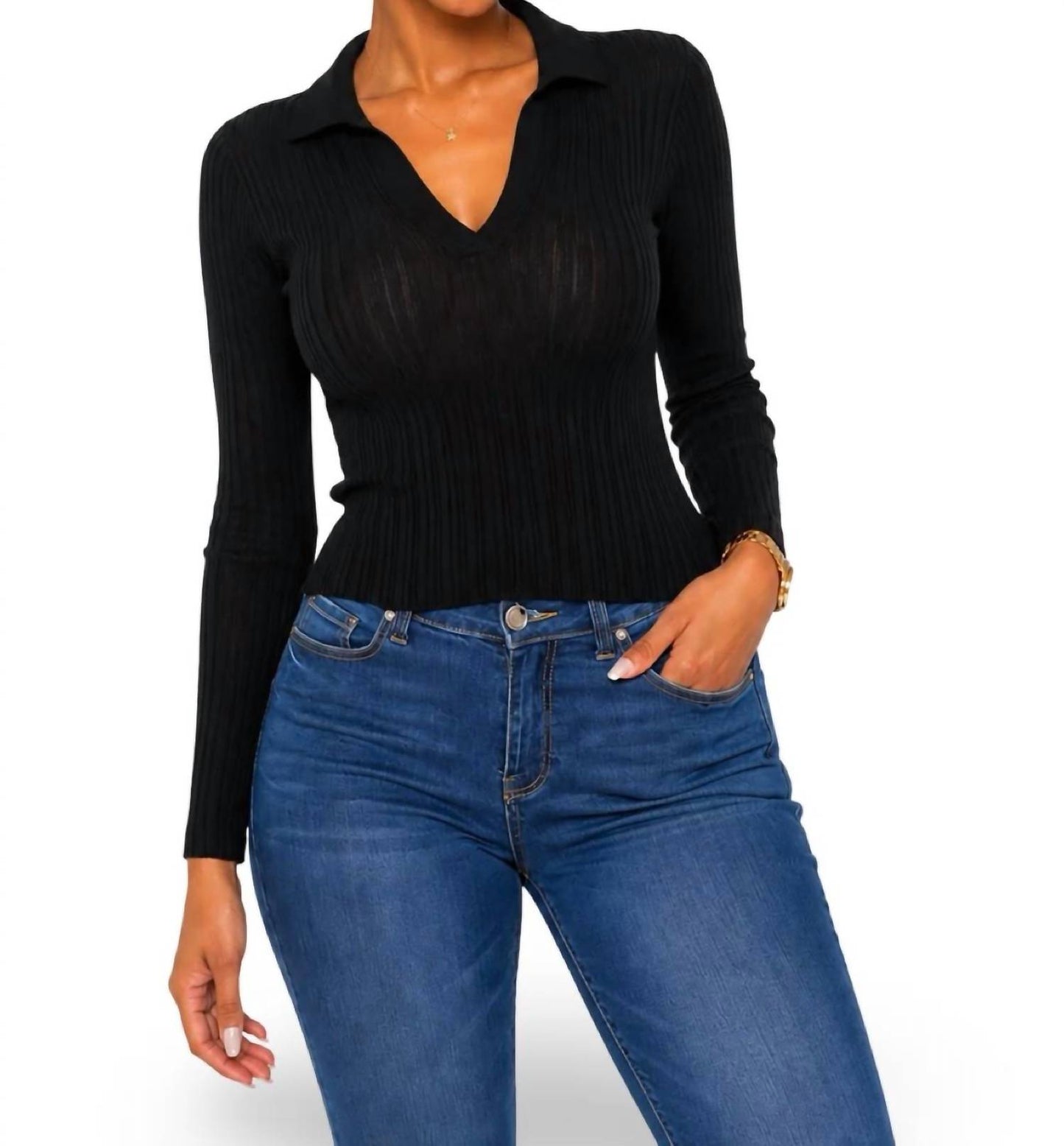 Trish Thick Ribbed Mesh Long Sleeve Deep V Cut Top