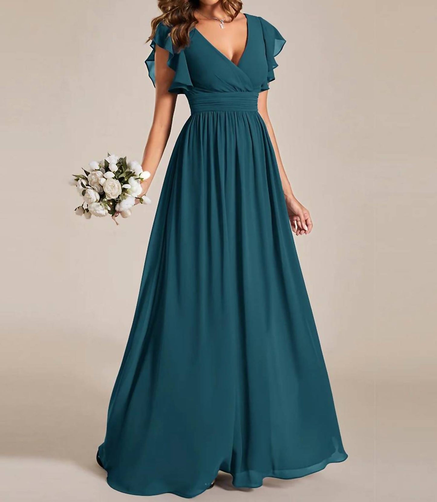 Back Cutout A-line Pleated Ruffles Sleeve Chiffon Bridesmaid Dress