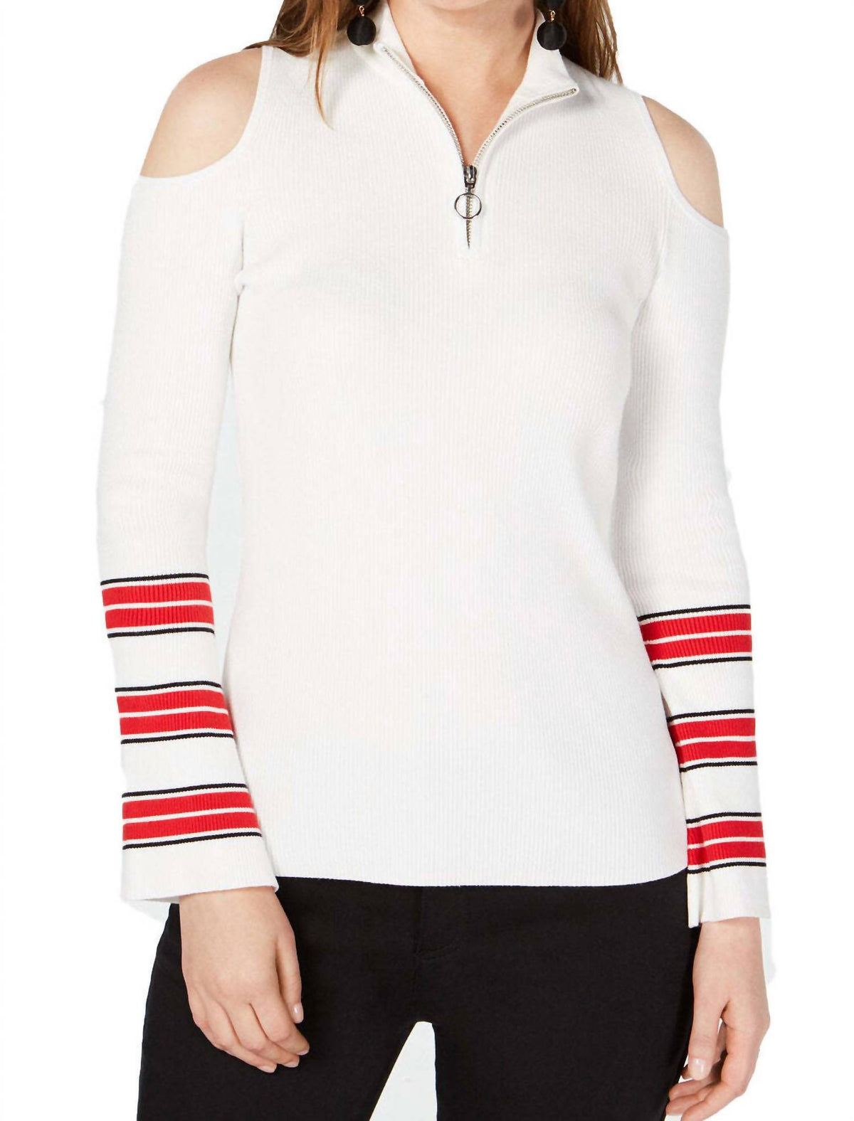 Zip Front Cold Shoulder Sweater