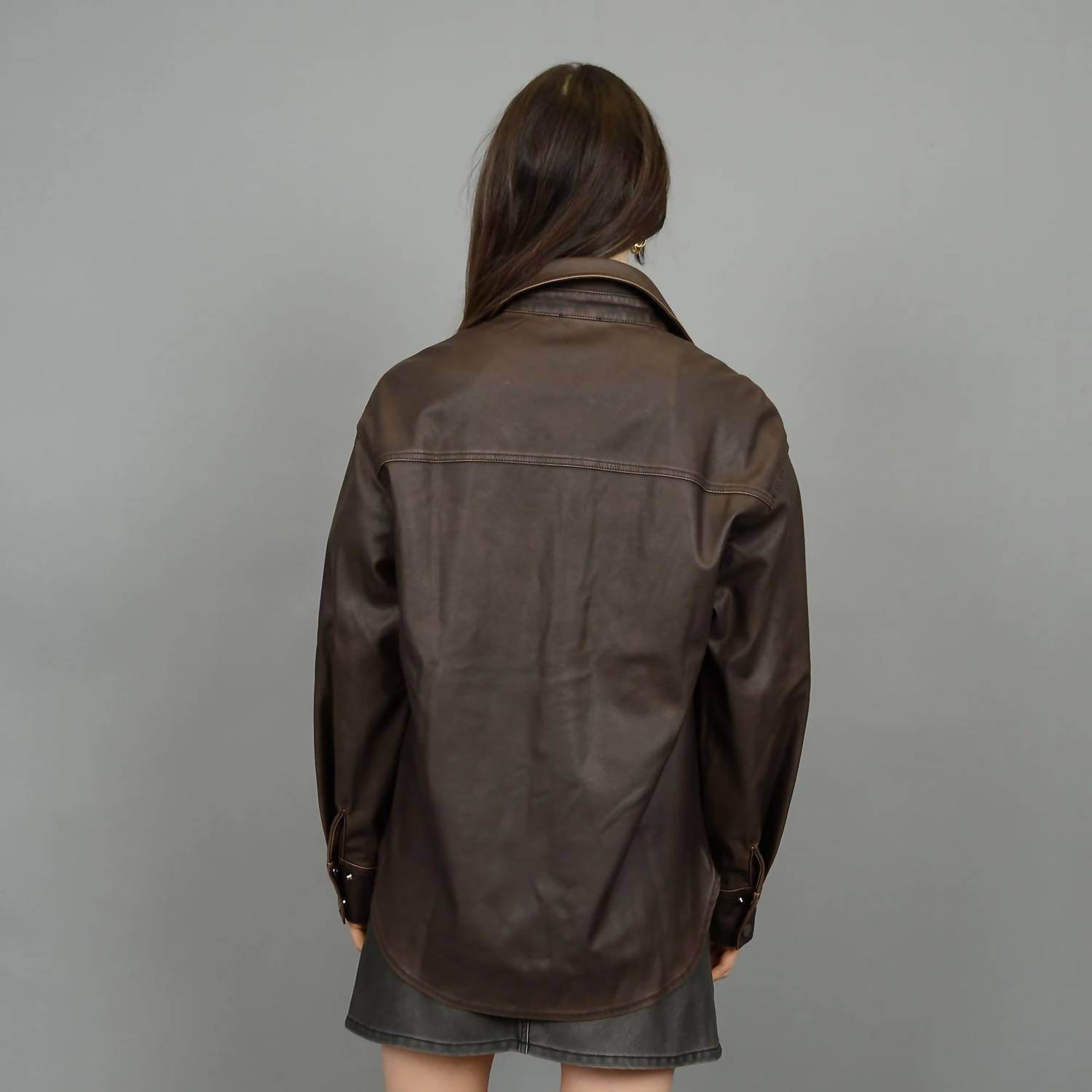 RD International - Aliska Distressed Faux Leather Snap Front Shirt - Rack Hunt -