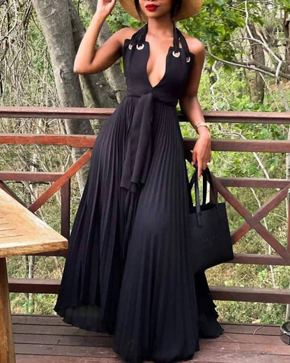 Halter pleated chiffon maxi dress