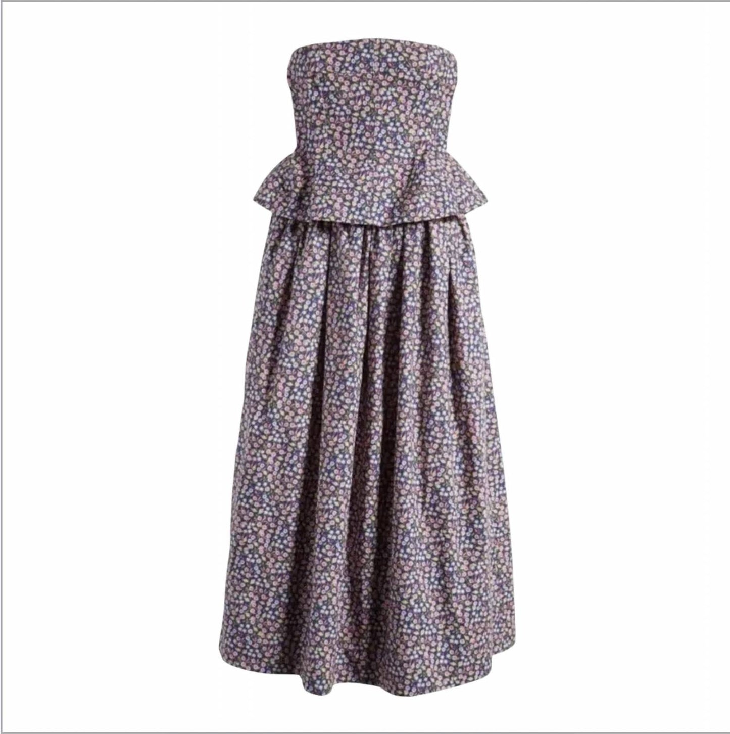 Ditsy Pintuck Peplum Strapless Midi Dress
