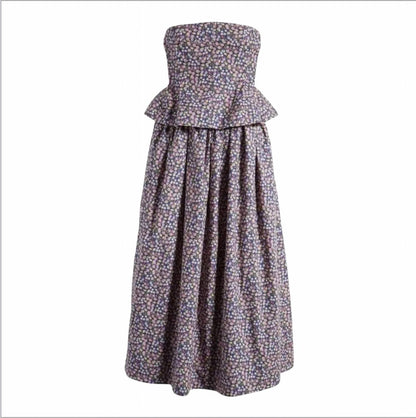 Ditsy Pintuck Peplum Strapless Midi Dress