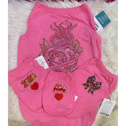 Dog's Valentine’s Patch & Rhinestone Flaming Rose Design Tank