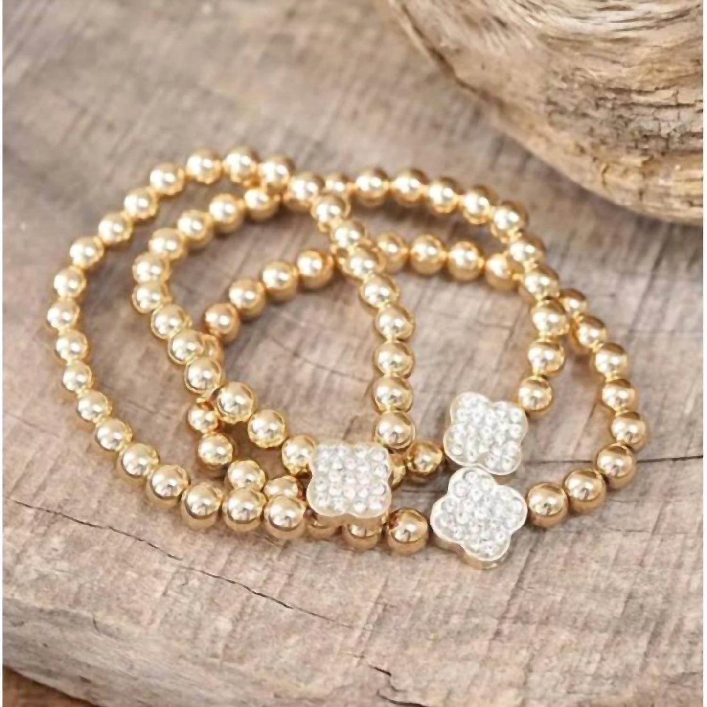 PennyLine Inc - Women's Crystal Quatrefoil Bead Stretch Stack Of 3 Bracelet Set - Rack Hunt -