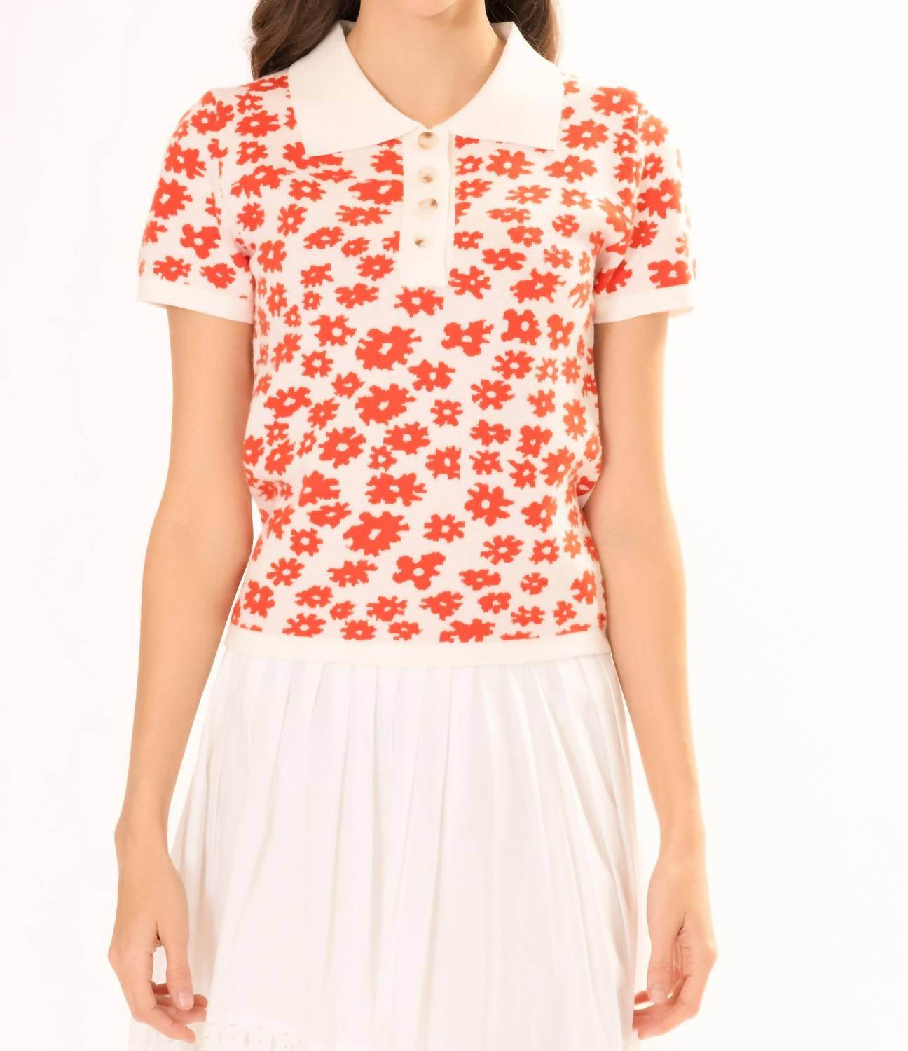 Area Stars - Short Sleeve Flower Polo Knit Top - Rack Hunt