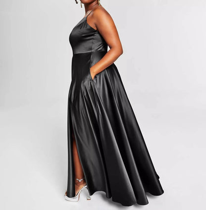 Plus Size Satin Sleeveless Front-Slit Gown