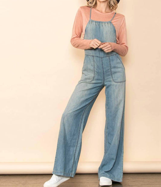 Vintage Washed Wide Leg Overall Jumpsuit with Pockets