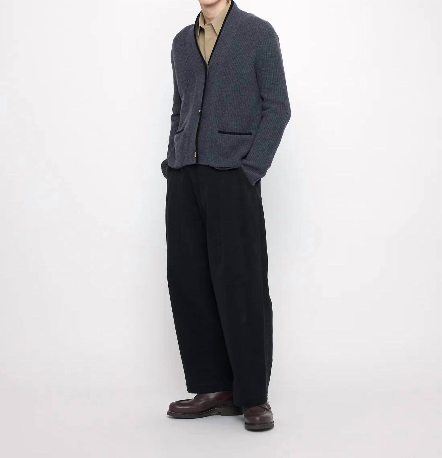 7115 by SZEKI - V-neck Pockets Trimmed Cardigan - Rack Hunt