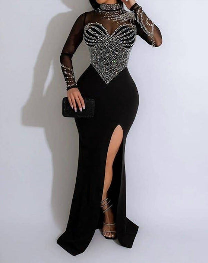 Embellished Mesh High-Slit Maxi Dress