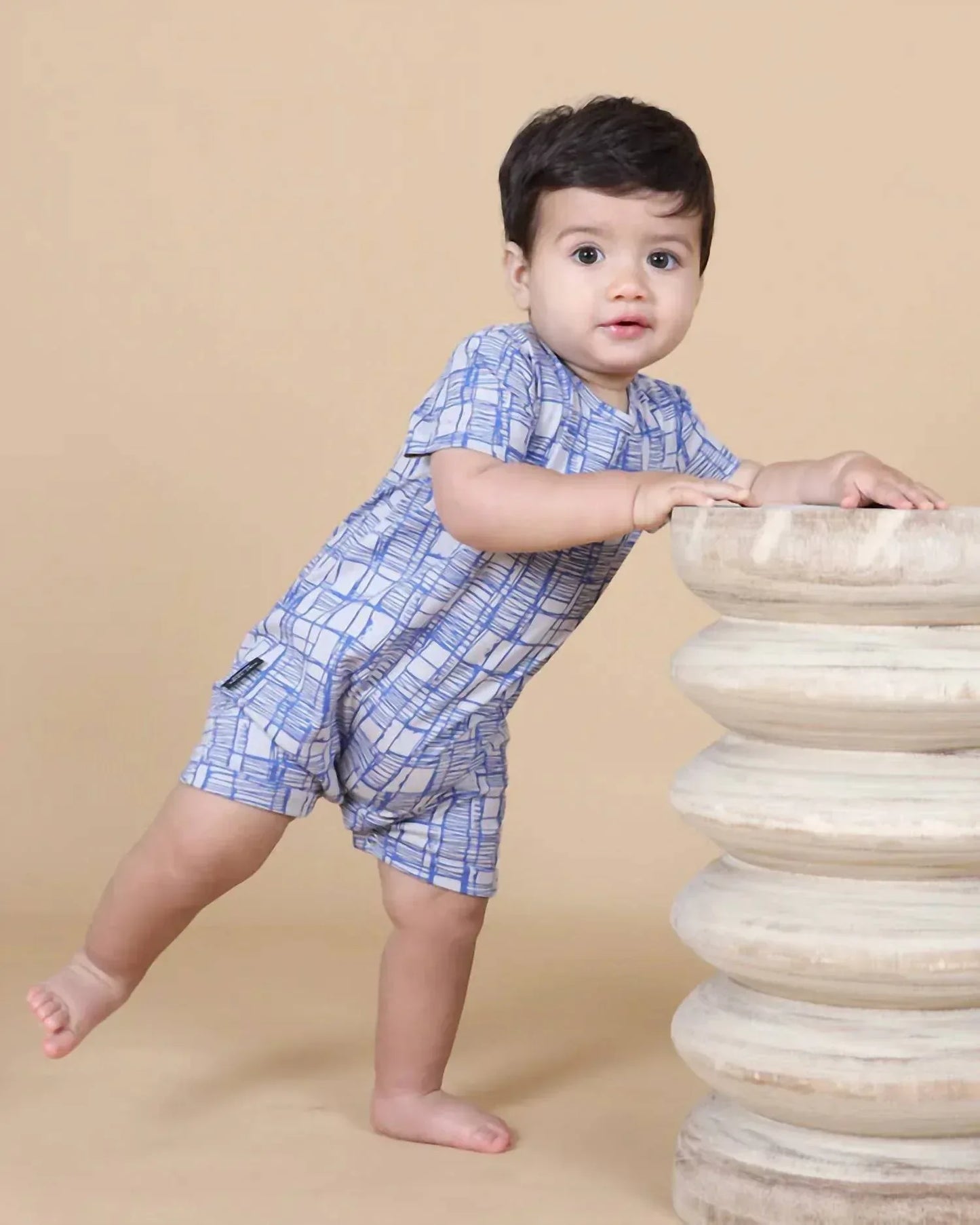 TINY TRIBE - Boys' Sketched Check Romper - Rack Hunt