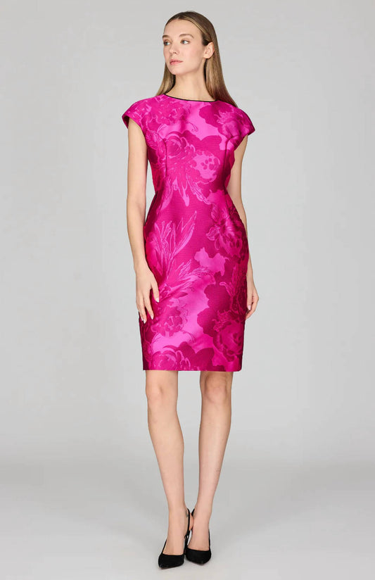 Tonal Floral Jacquard Cap Sleeve Fitted Dress
