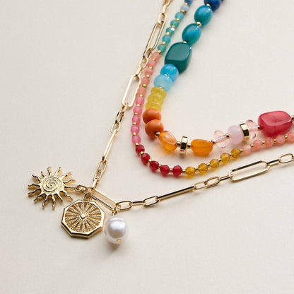 Women's Sun Charm Layered Beaded Necklace