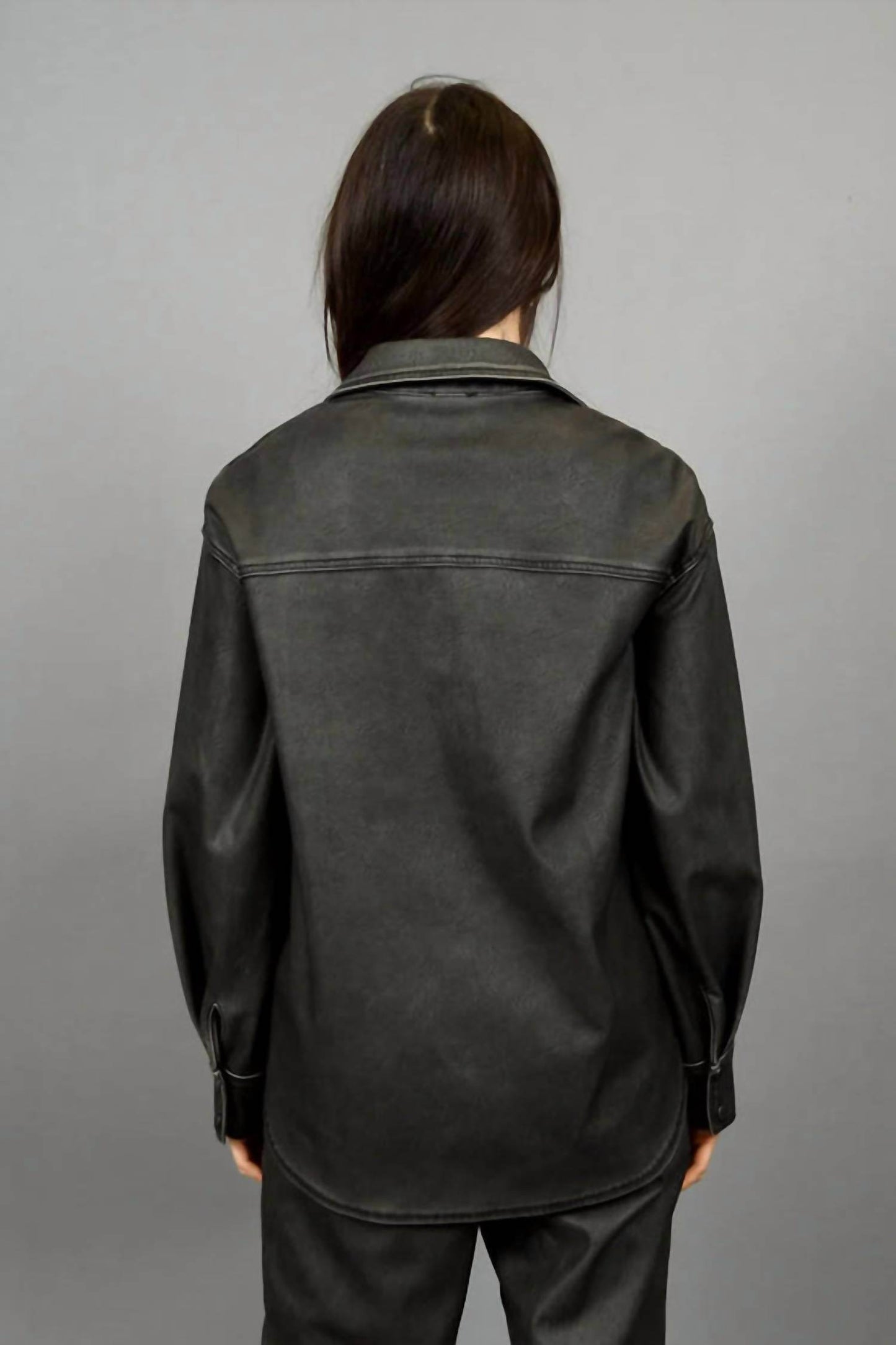 RD International - Aliska Distressed Faux Leather Snap Front Shirt - Rack Hunt -