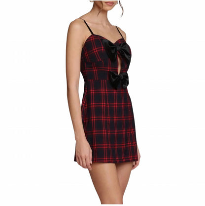 Plaid Velvet Bow Keyhole Mini Dress