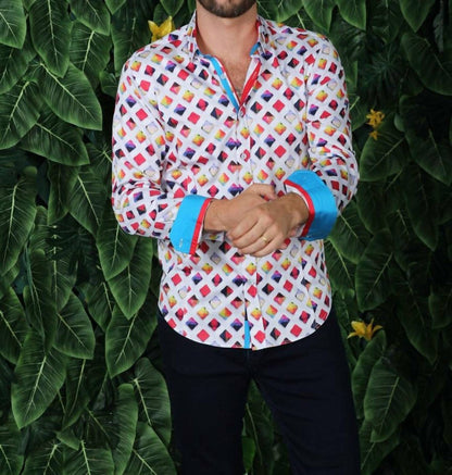 Color Grid Button Down Shirt With Trim