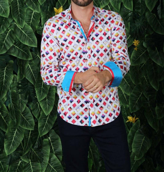 Color Grid Button Down Shirt With Trim