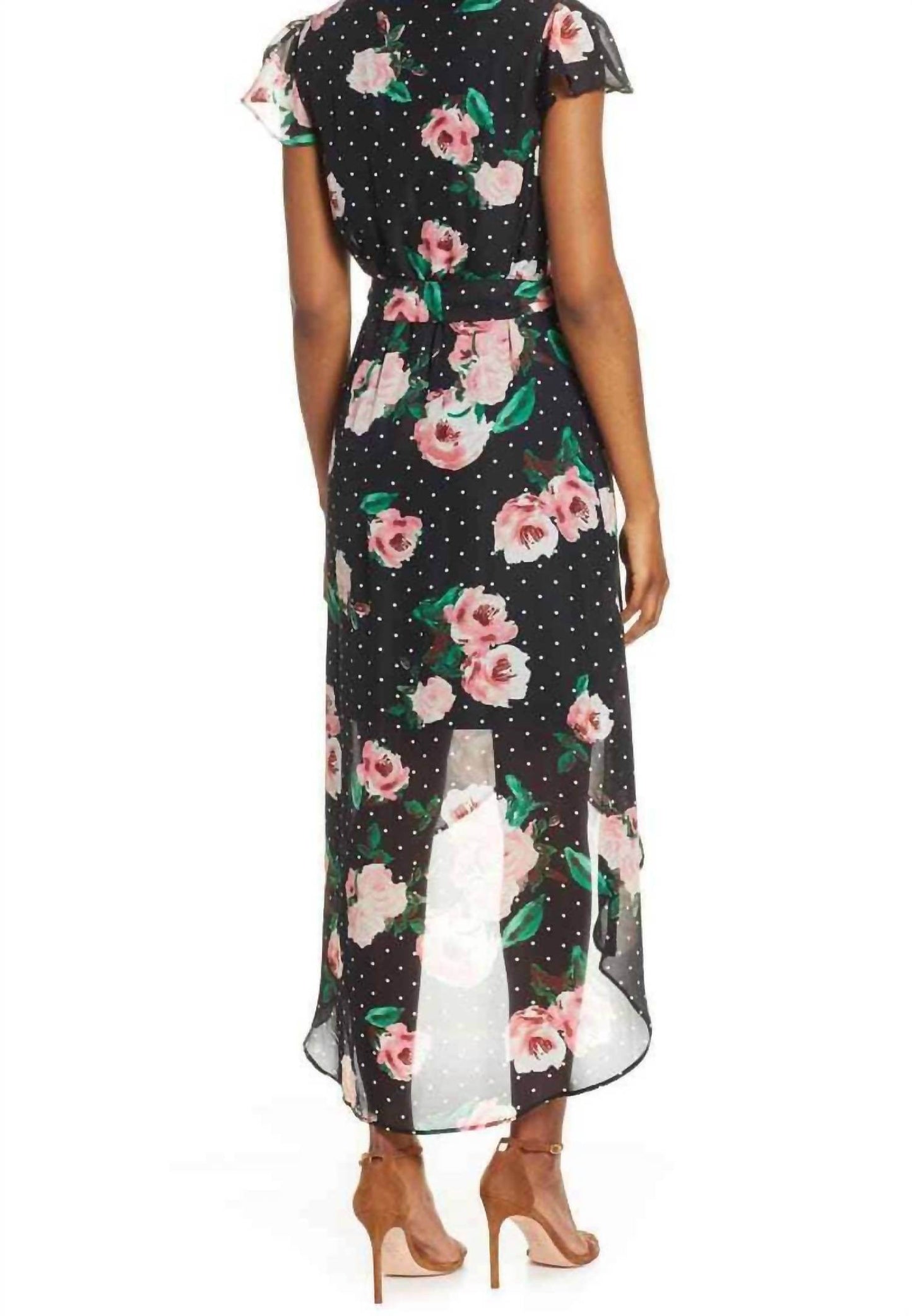 Julia Jordan - Faux Wrap Black Dots Floral High Low Chiffon Dress - Rack Hunt -