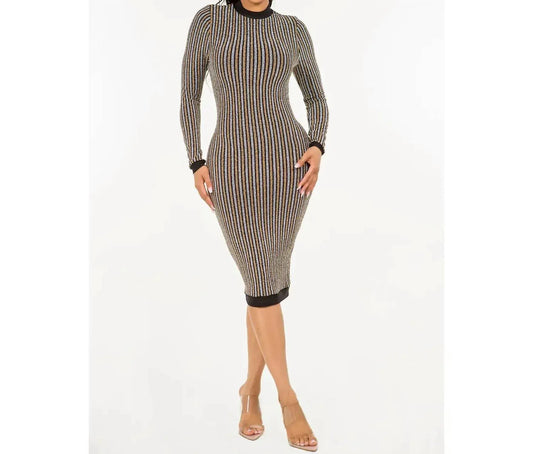 Let's go Uptown - Elegant Stripe Glitter Back Zipper Midi Bodycon Dress - Rack Hunt