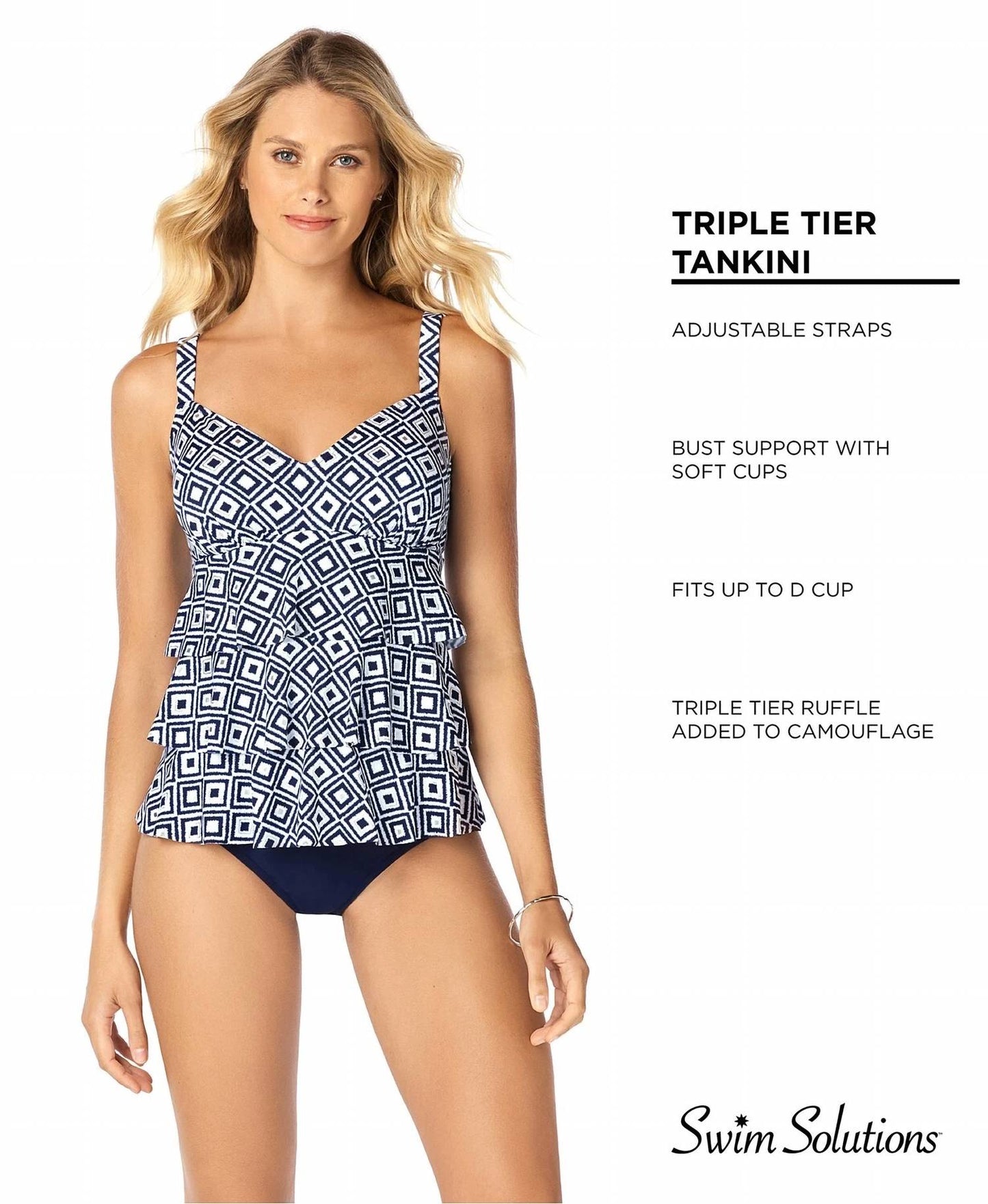 Double Play Metallic Print Tiered Tankini Top