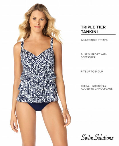 Double Play Metallic Print Tiered Tankini Top