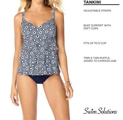 Double Play Metallic Print Tiered Tankini Top
