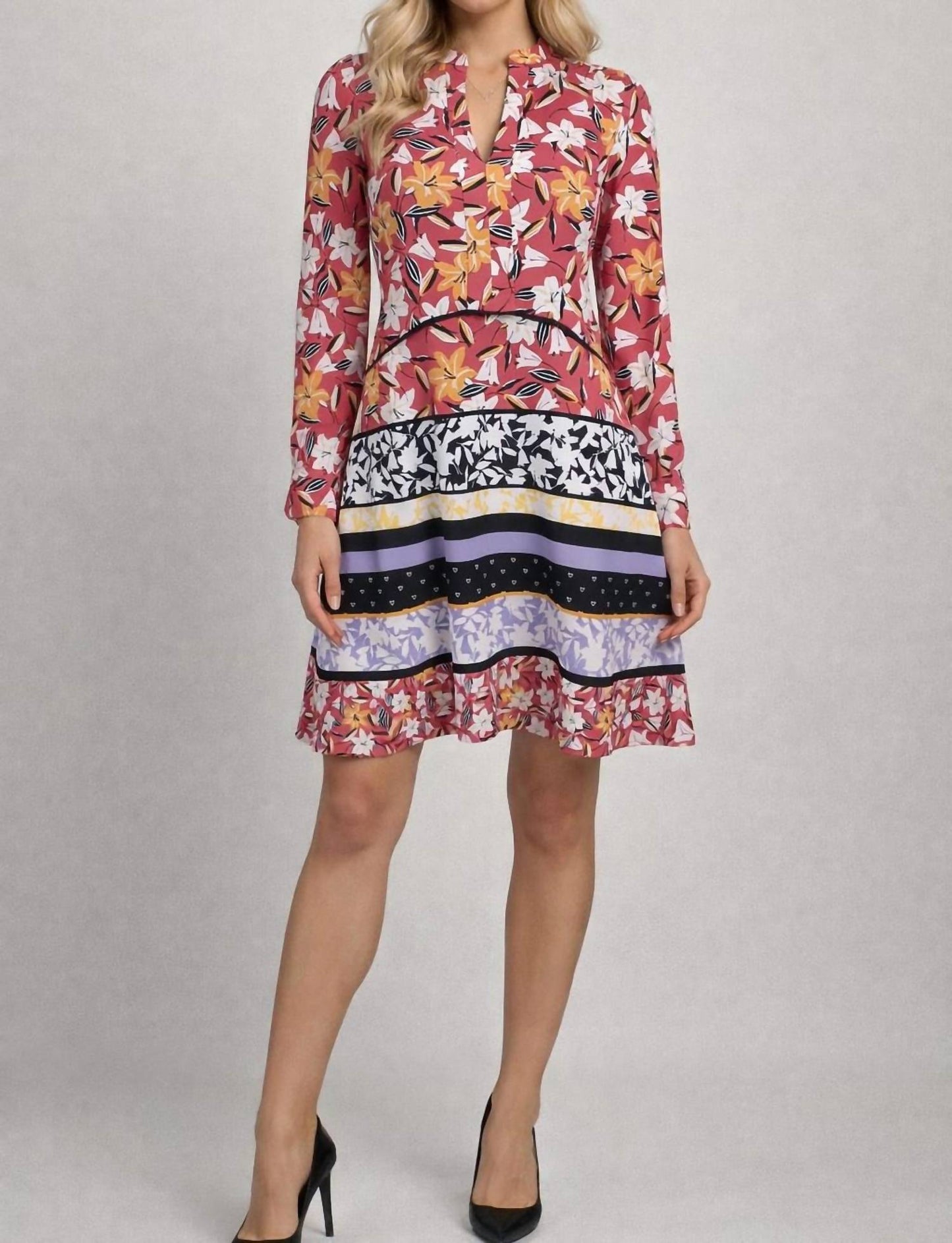Floral Print Long Sleeve Split V-neck Dress