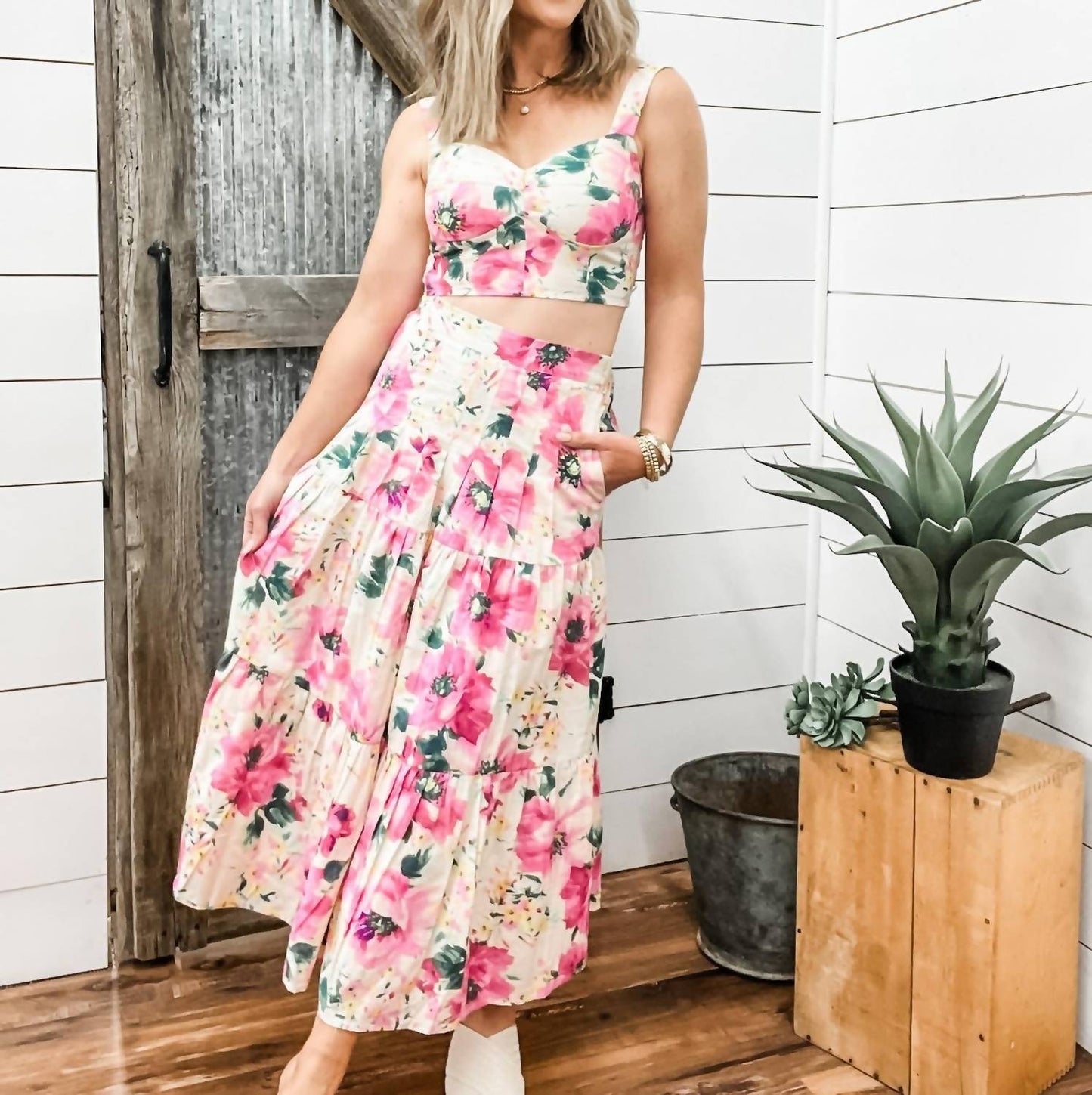 Flower Pattern Top & Prairie Skirt Set