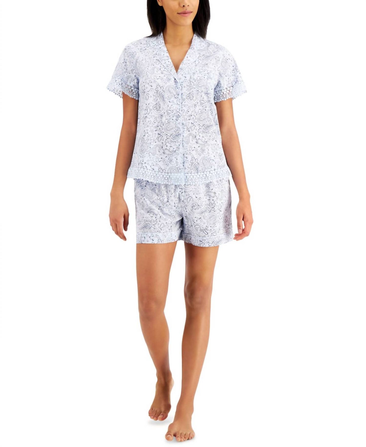 Sleepwear Notched Collar Cotton Pajama Shorts Set