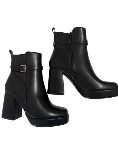 Women's Leather Buckle Platform Bootie