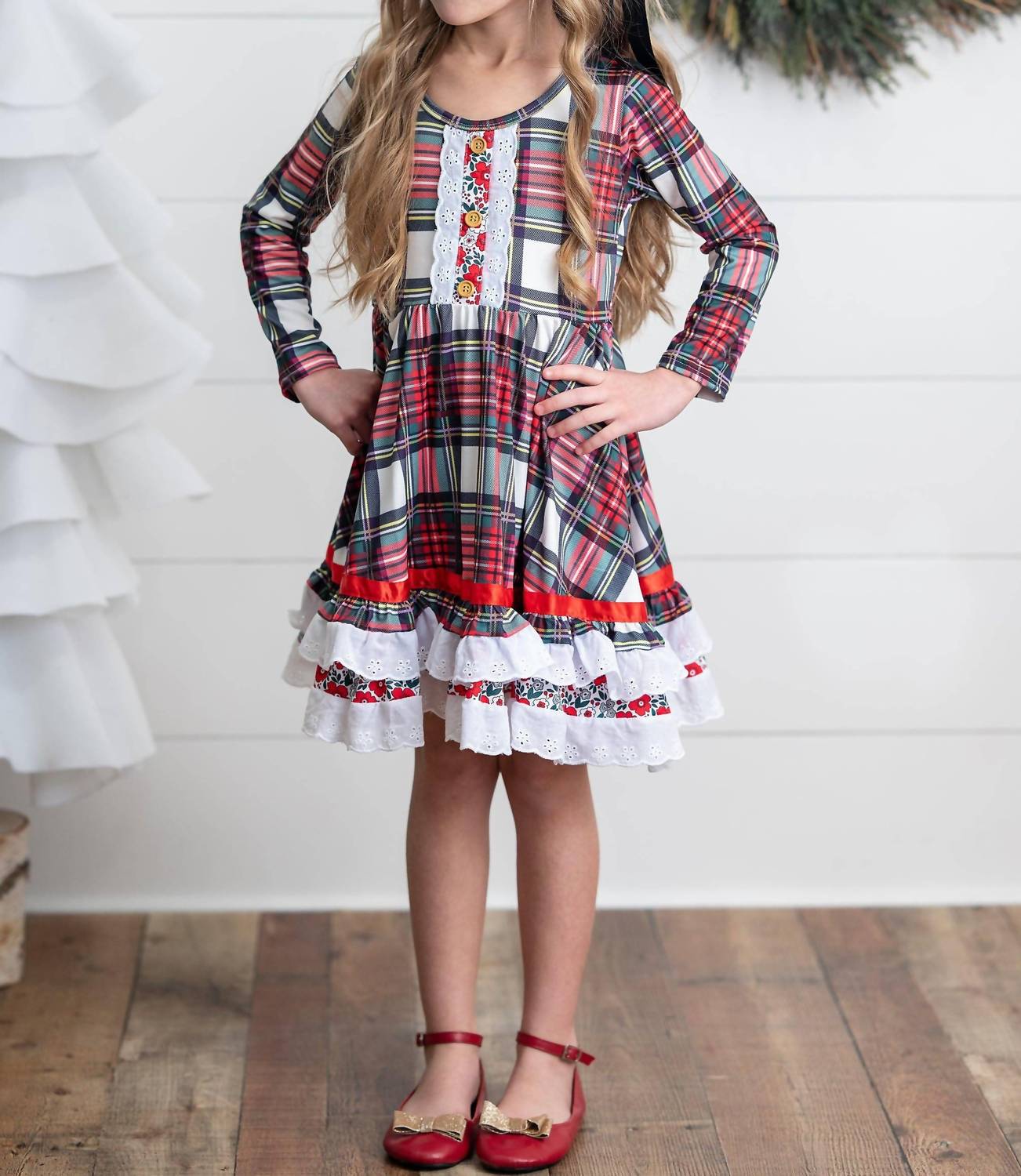Girl's Holiday Christmas Plaid Lace Ruffle Bow Back Dress