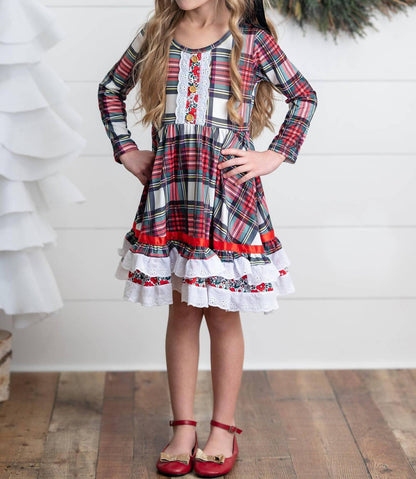 Girl's Holiday Christmas Plaid Lace Ruffle Bow Back Dress