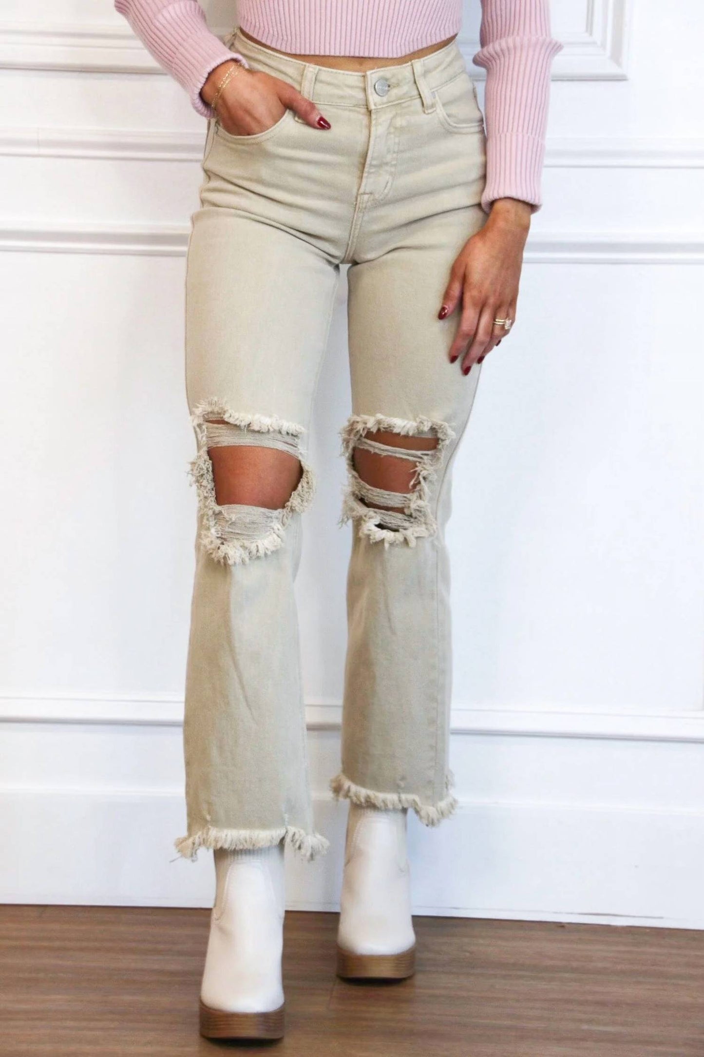 Riva Distressed High Rise Straight Leg Jeans