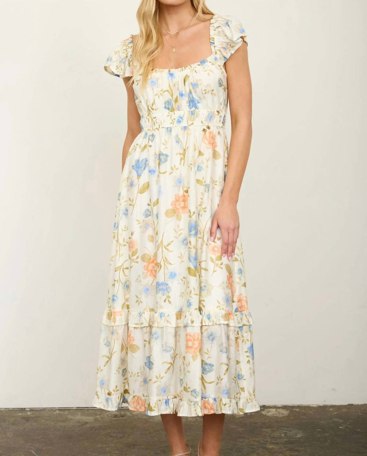Floral Scoop Neck Ruffle Short Sleeve Midi Dress