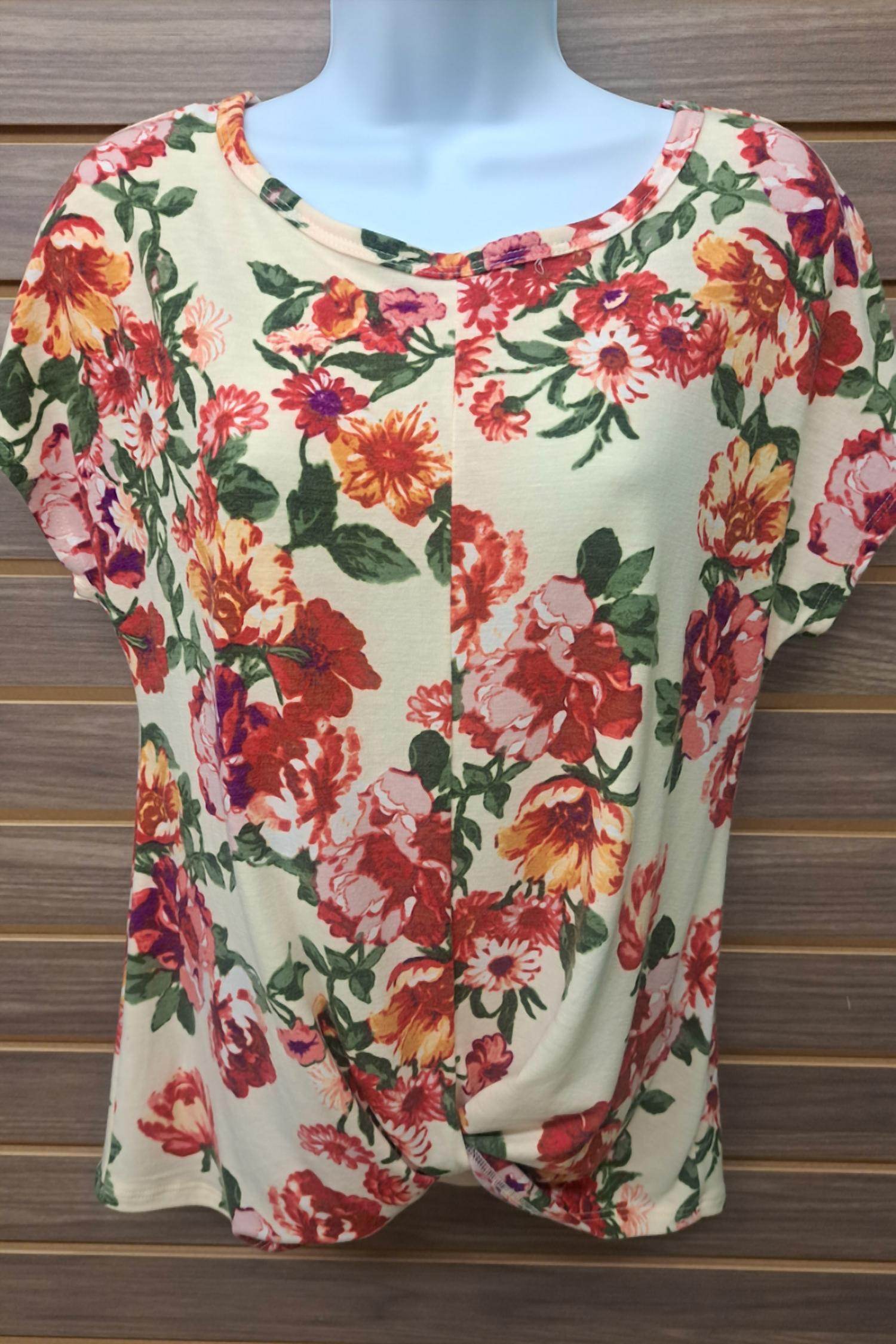 Moa Moa - Women's Cream Floral Front Knot Tee - Rack Hunt